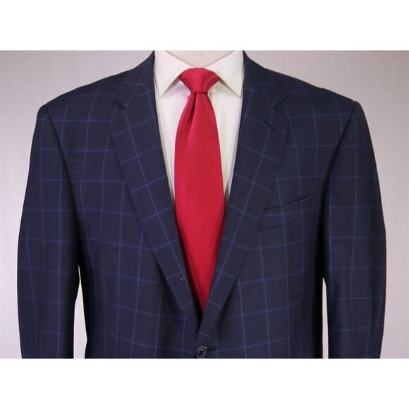 Zeke Executive Navy Blue Windowpane 2-Btn Wool Suit Portly 42S - Picture 3 of 10